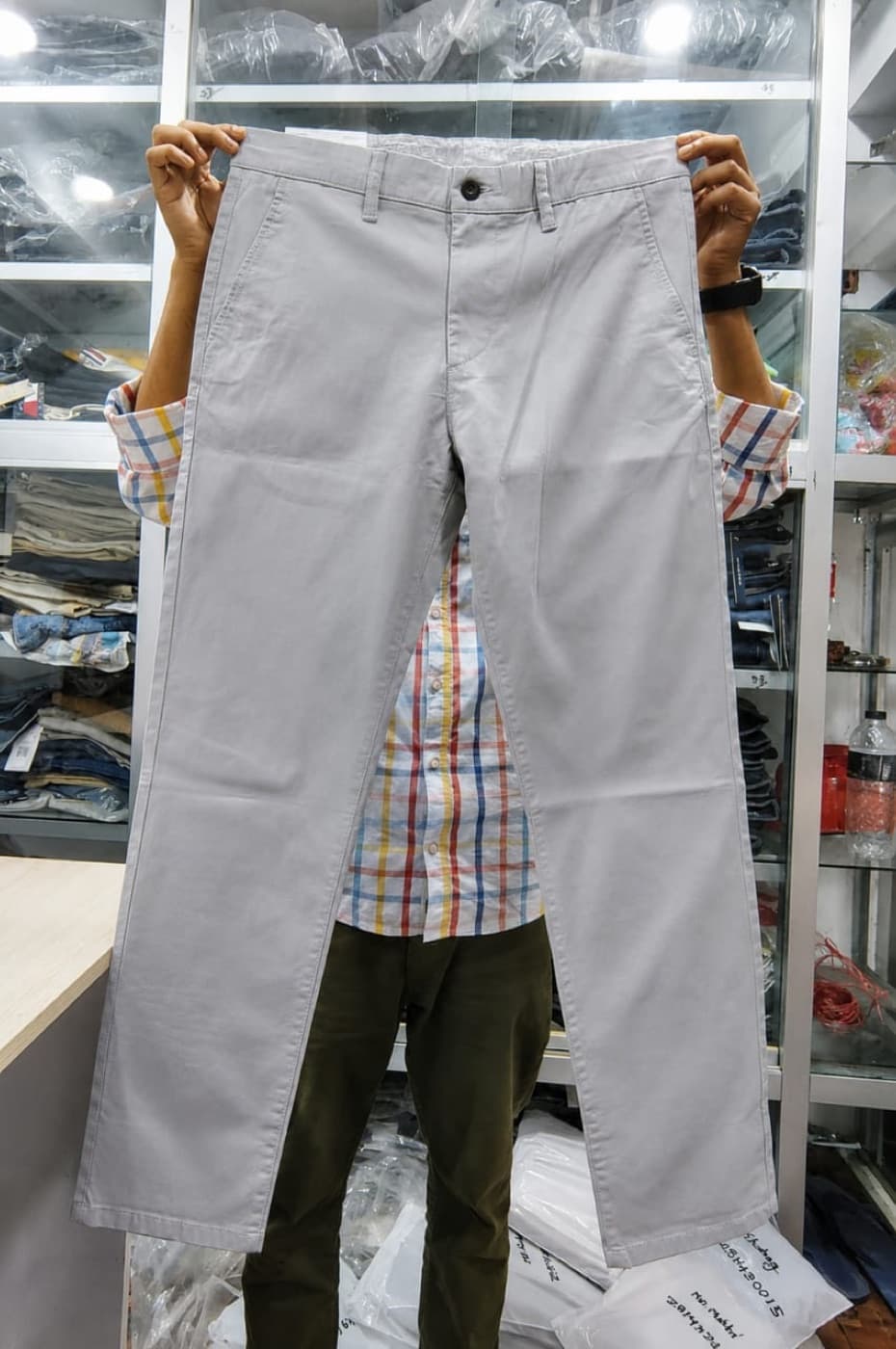 American Eagle Everyday Twill, Stone Grey, held up in-store